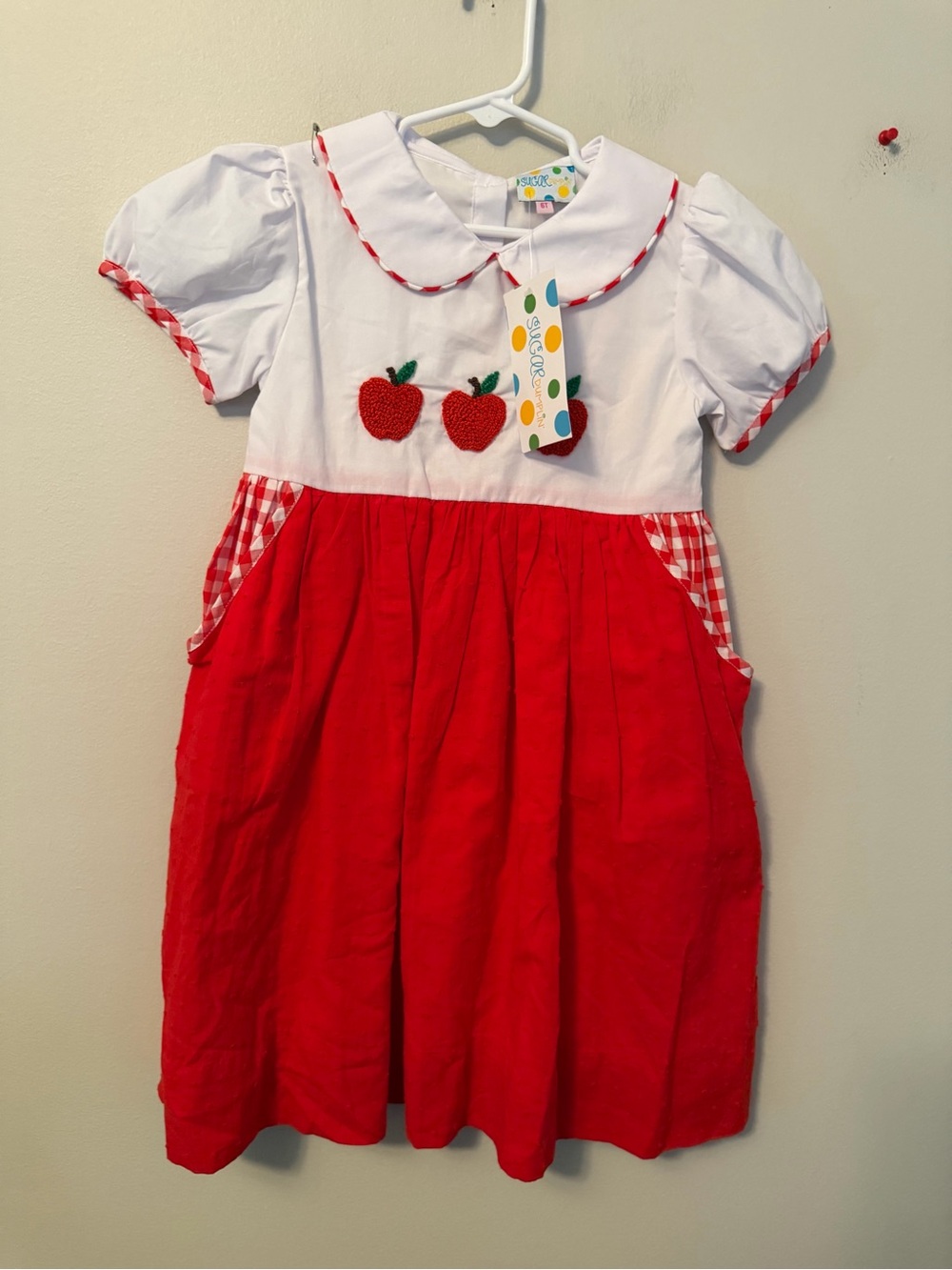 Sugar Dumplin Kids Red & White Apple Appliqué Dress